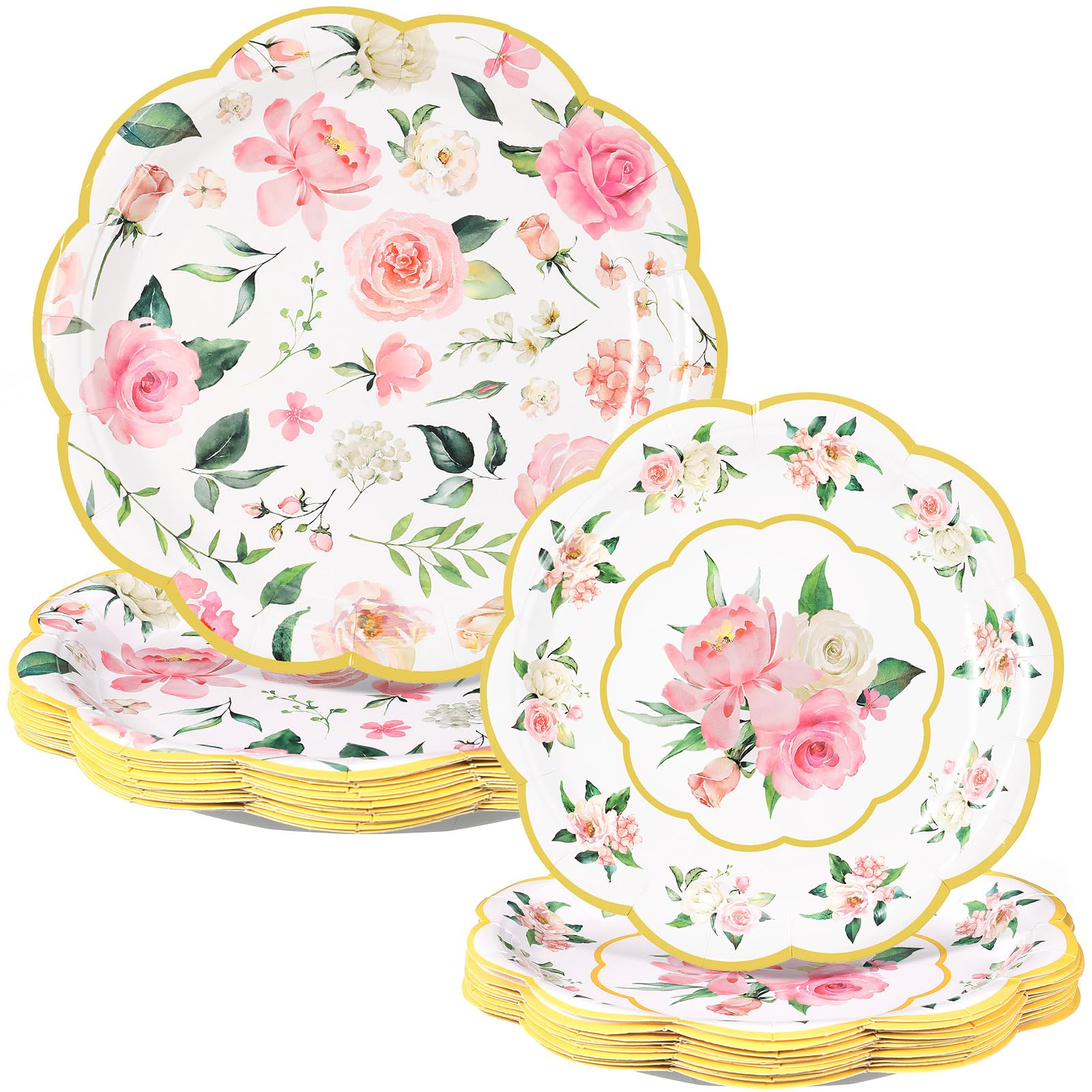 Pickmesh 60 Pack Floral Paper Plates 9 in and 7 in Flower Party Plates Pink Disposable Dessert Plates Wedding Plates Gold Foil Edge Tea Party Plates for Birthday Baby Shower Bridal Party Decor