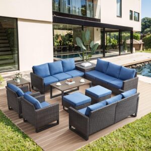 hummuh 10 piece patio furniture set pe wicker 3 outdoor sectional sofa set with patio chairs dinning table ottomans for porch,garden,backyard,deck(brown/blue)