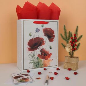 Qirrmiy 13” Large White Gift Bag Set with Greeting Card and Tissue Paper (Watercolor Red Flowers) for Celebrating Birthdays, Weddings, Anniversaries, Mother's Day - 10.2”x5.2”x13”, 1 Pcs.