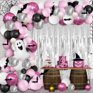 mehofond little boo halloween party decorations for girls 200 pcs, pink and silver balloon garland arch kit with foil curtain for halloween birthday baby shower party decor