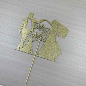 OIXCMNJQ Mr & Mrs Cake Topper, Wedding Anniversary, Bridal Shower, Engagement, Bride and Groom Hold Hands with Pet Dog Silhouette Cake Decorations Supplies, Gold Glitter