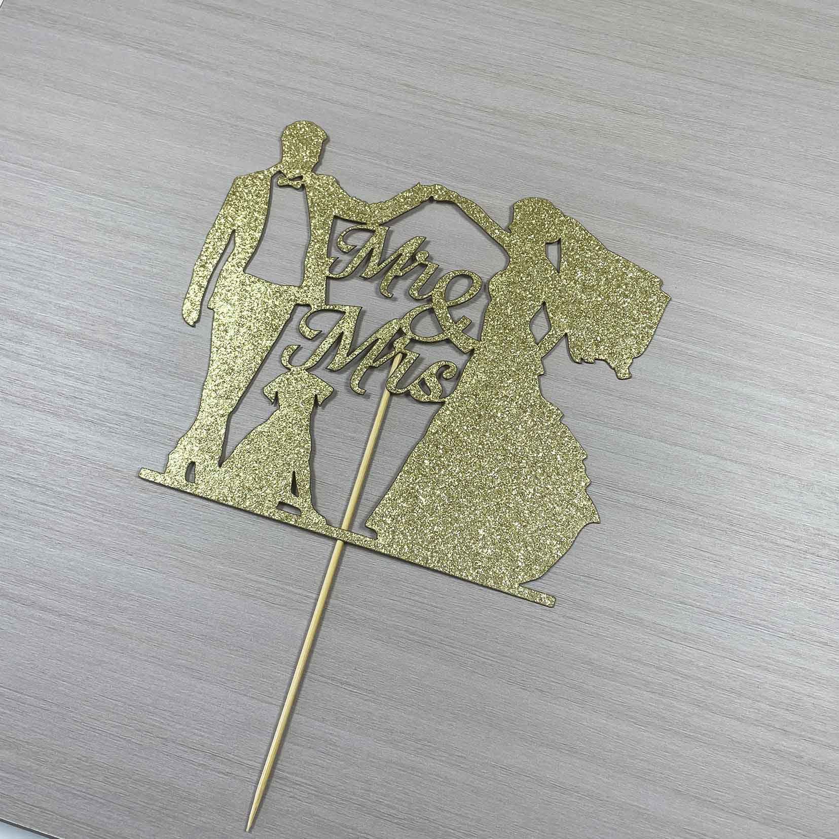 OIXCMNJQ Mr & Mrs Cake Topper, Wedding Anniversary, Bridal Shower, Engagement, Bride and Groom Hold Hands with Pet Dog Silhouette Cake Decorations Supplies, Gold Glitter