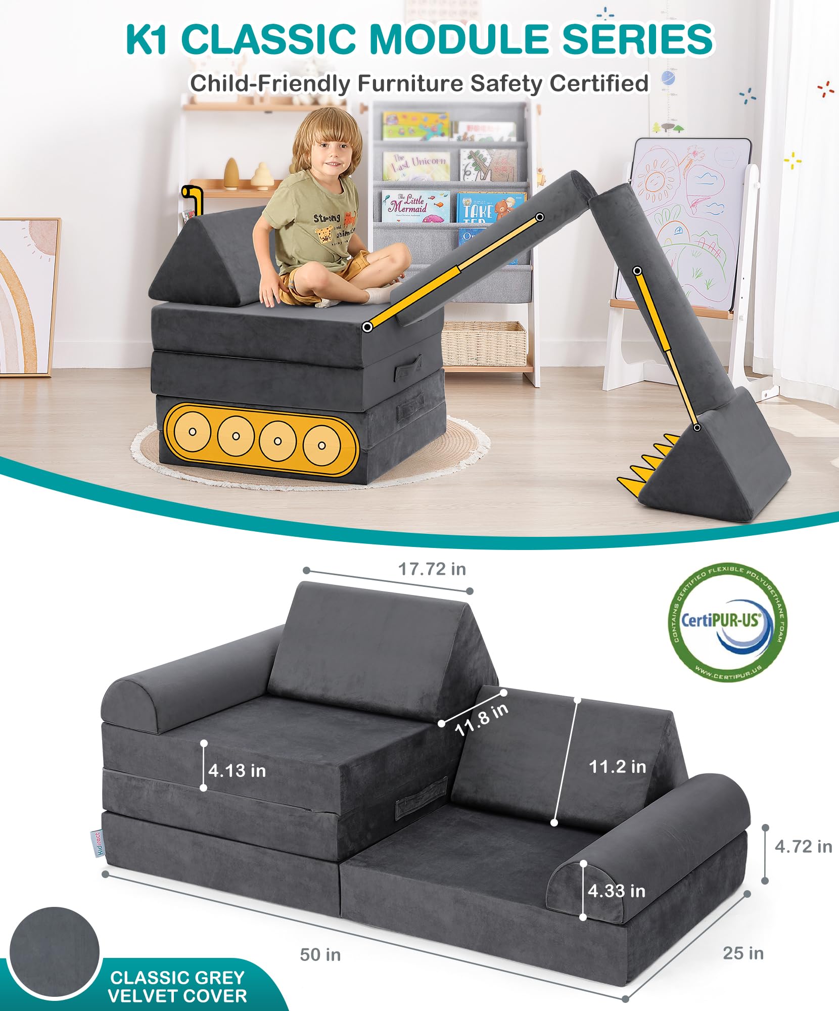 Kidirect Modular Kids Play Couch, K8 Imaginative Convertible Foam Play Couch for Kids and Toddlers, 350+ DIY Kid Couch for Playroom, Creative Toddler Play Couch Sofa, Child Sectional Sofa, Space Grey