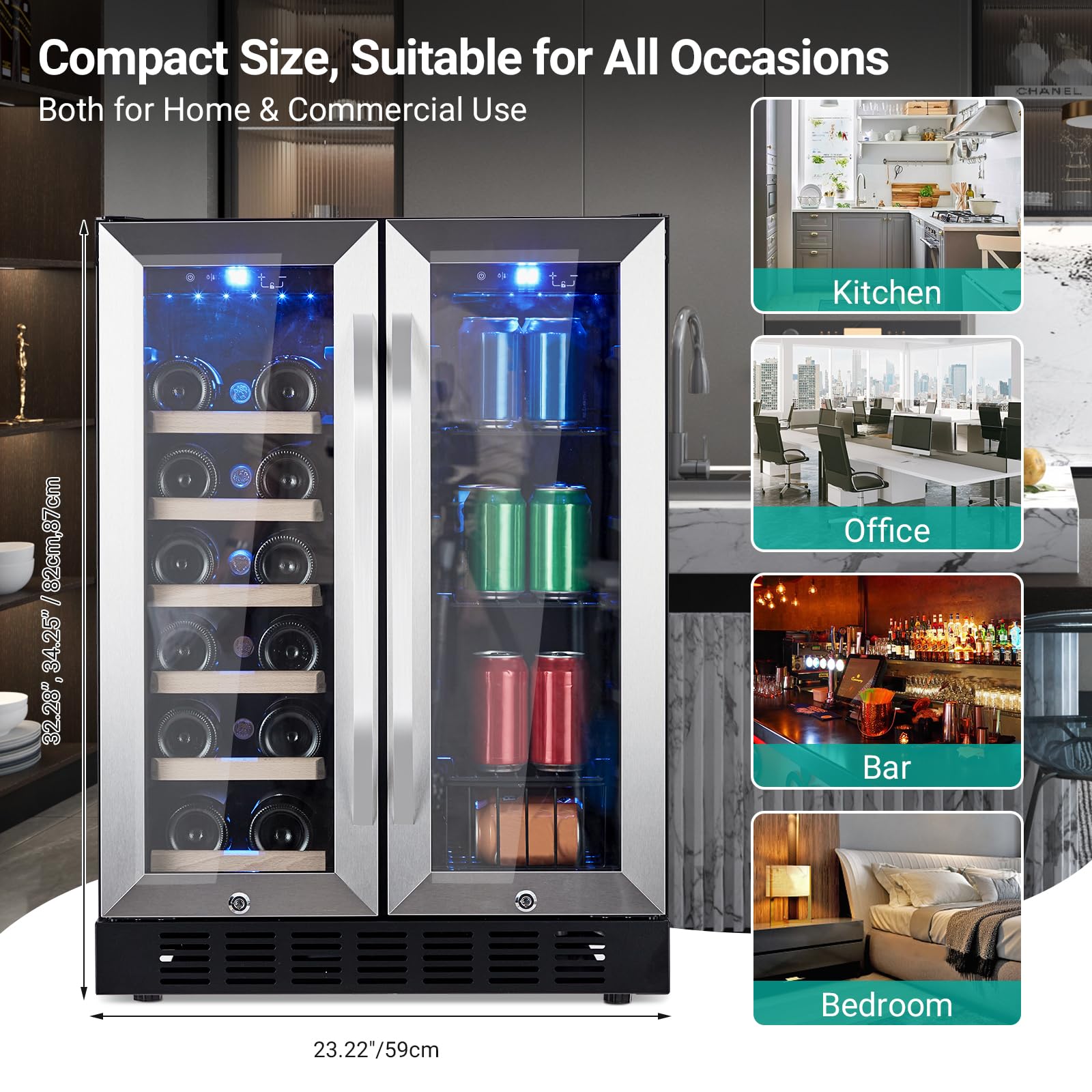 24 Inch Wine and Beverage Refrigerator, 20 Bottles & 88 Cans Wine Cooler with Dual Zone, Wine Fridge Built-In & Freestanding, 2 Safety Locks and Digital Touch Control