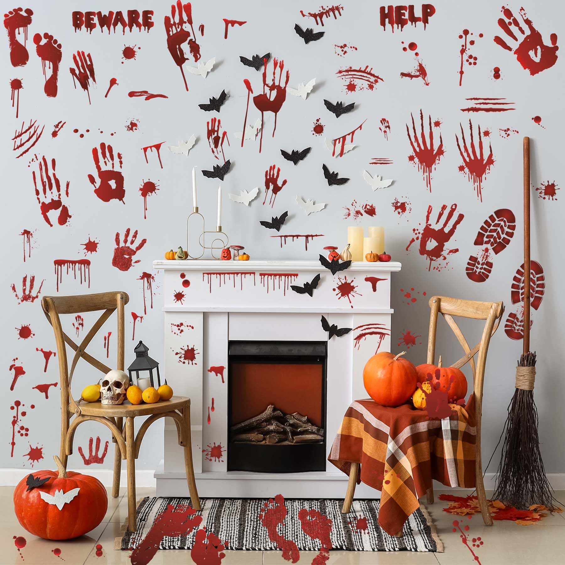 Bloody Footprints Floor Stickers Halloween Window Clings Stickers Scary Bloody Handprint Footprint Stickers Decorations Halloween Wall Decals with Tools Halloween Decorations Indoor Scary