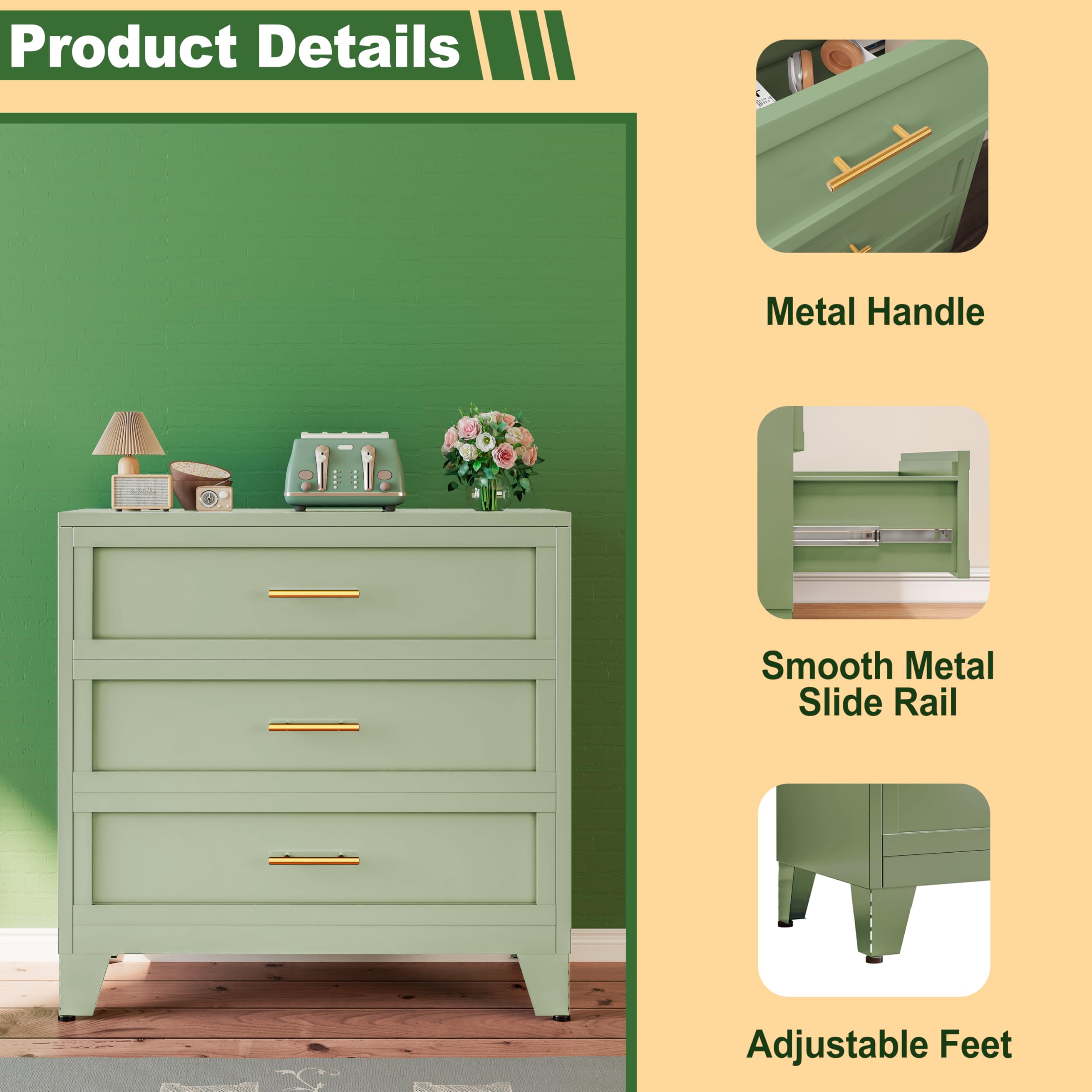 Dresser for Bedroom Drawer Organizer Storage with 3 Drawers,34.25" H Storage Cabinet Metal Storage Drawers,Closet Storage,Drawer Chest and Closet Organizers Matcha Green