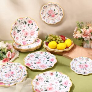 Pickmesh 60 Pack Floral Paper Plates 9 in and 7 in Flower Party Plates Pink Disposable Dessert Plates Wedding Plates Gold Foil Edge Tea Party Plates for Birthday Baby Shower Bridal Party Decor