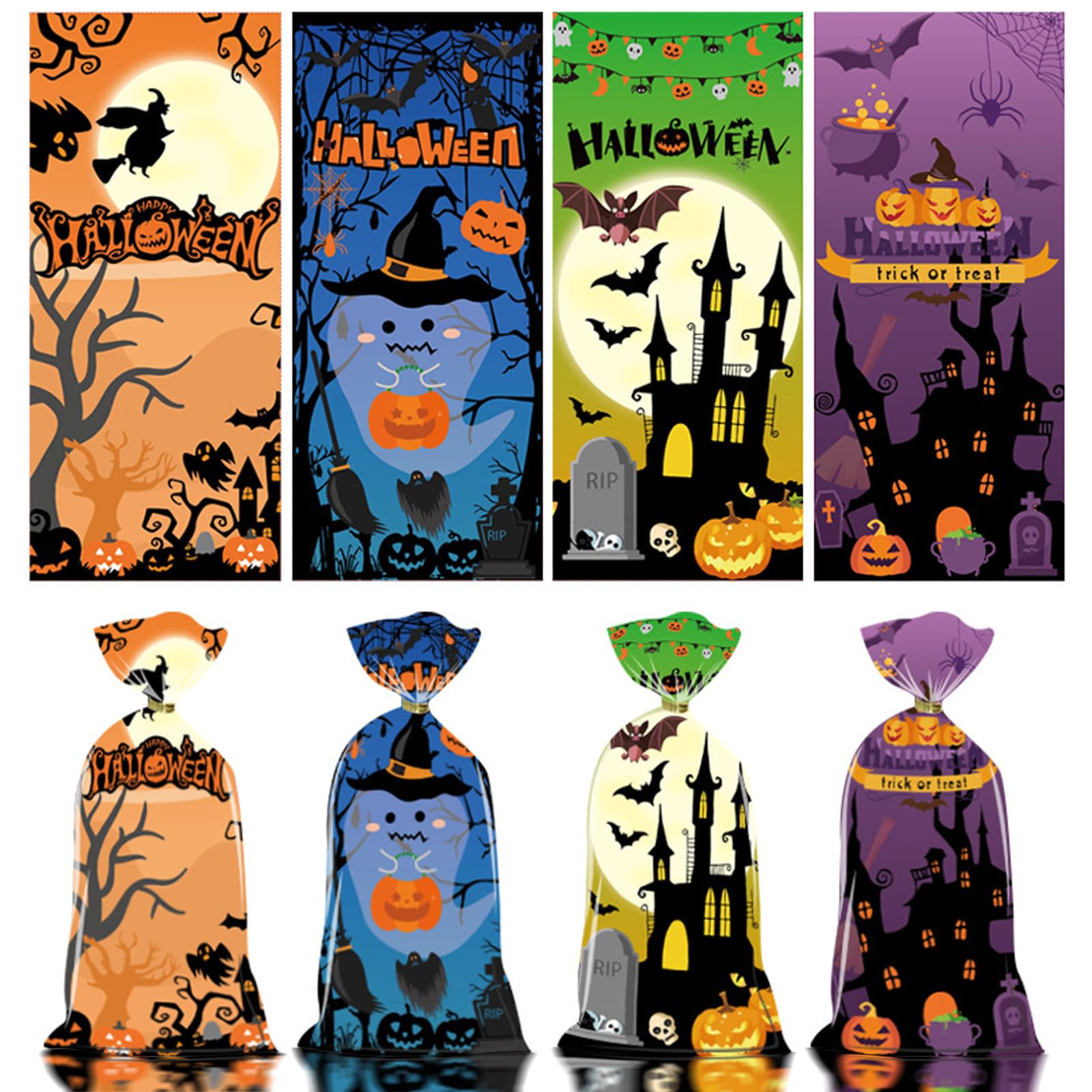 JoJotree 100 PCS Halloween Treat Bags - Halloween Cellophane Candy Bags with 110 TwistsTies - Cello Cookie Goodie Gift Bags for Trick or Treat Party Favors Supplies