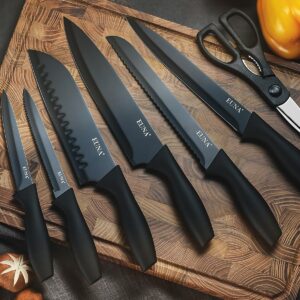 EUNA Kitchen Knife Set, 19 PCS Black Knife Set with Acrylic Block and Sharpener, German High-Carbon Stainless Steel Knife Sets with 6 Serrated Steak Knives, Bread Knife, Chef Knife, Dishwasher Safe