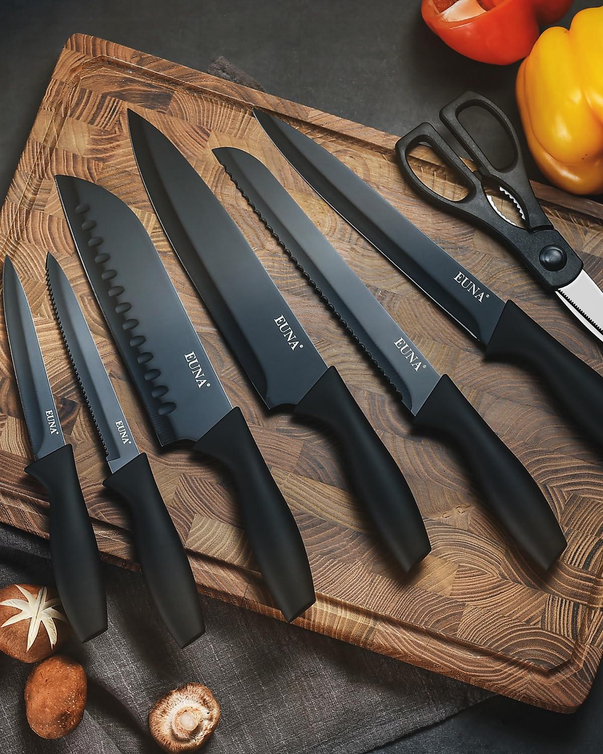 EUNA Kitchen Knife Set, 19 PCS Black Knife Set with Acrylic Block and Sharpener, German High-Carbon Stainless Steel Knife Sets with 6 Serrated Steak Knives, Bread Knife, Chef Knife, Dishwasher Safe