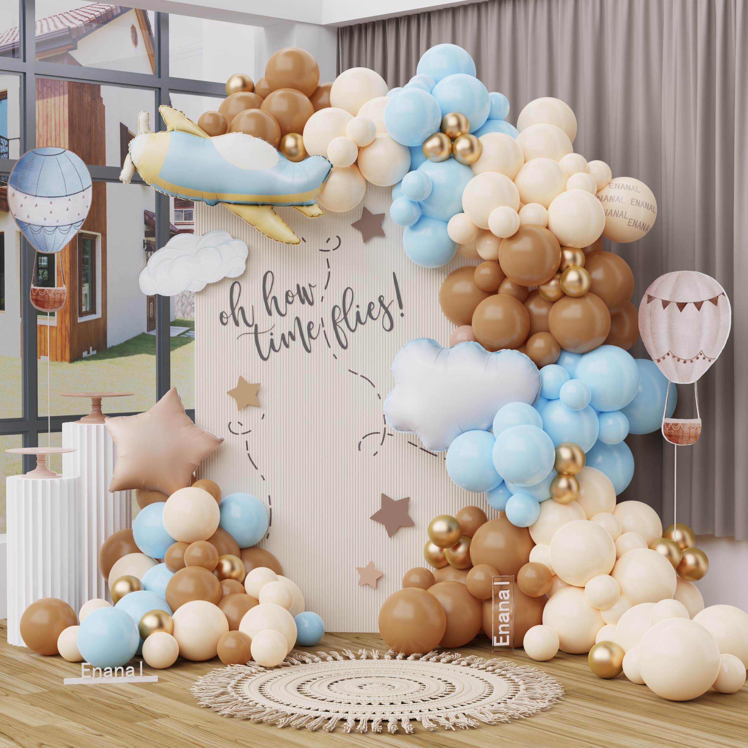 Time Flies Balloon Garland Arch Kit, 155pcs Brown Blue Beige and Airplane Cloud Star Foil Balloons for How Time Flies First Birthday Travel ONEderful World Airplane Party Baby Shower Decorations