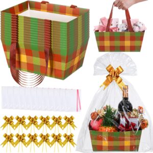 qinyoung 12 pcs fall basket for gifts empty 9.8 x 6.5'' autumn plaid gift basket empty to fill with handles, bows, plastic bags and twist ties for autumn thanksgiving party favor supplies