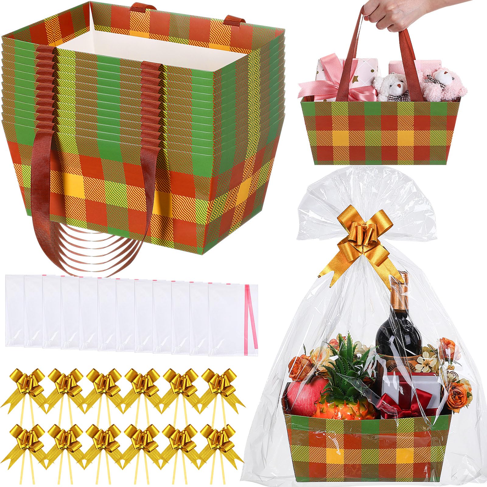 Qinyoung 12 Pcs Fall Basket for Gifts Empty 9.8 x 6.5'' Autumn Plaid Gift Basket Empty to Fill with Handles, Bows, Plastic Bags and Twist Ties for Autumn Thanksgiving Party Favor Supplies