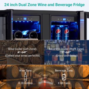 24 Inch Wine and Beverage Refrigerator, 20 Bottles & 88 Cans Wine Cooler with Dual Zone, Wine Fridge Built-In & Freestanding, 2 Safety Locks and Digital Touch Control