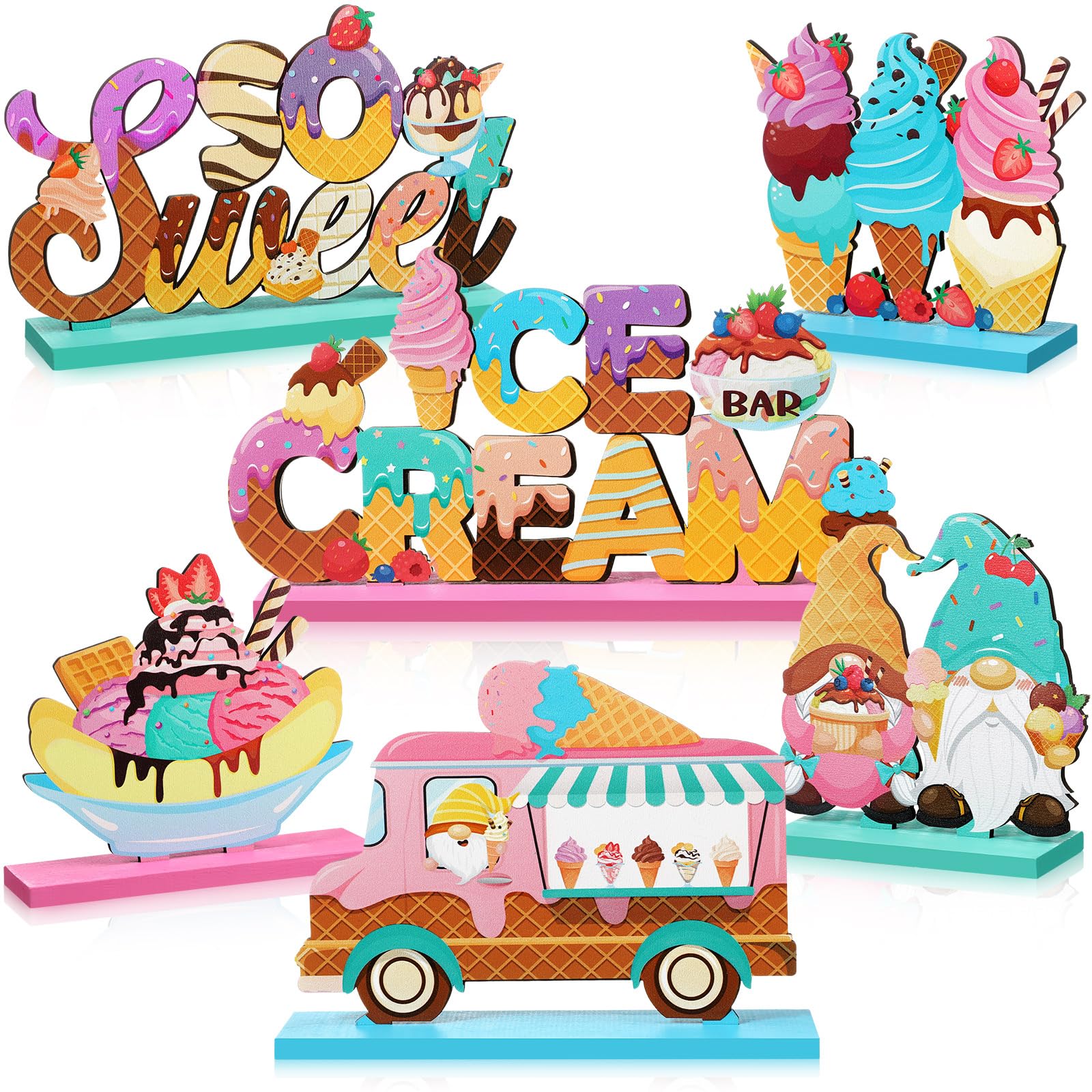 Blosssound 6 Pcs Ice Cream Table Wooden Decorations Ice Cream Table Centerpieces Letter Truck Gnome Ice Cream Wood Signs for Ice Cream Theme Bar Party Birthday Baby Shower Party Supplies