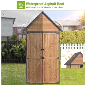 Outdoor Storage Shed with All Around Strong Metal Frame, Garden Shed with Adjustable Shelfs, Wooden Tool House with Floor, for Backyard Garden Patio Lawn, Brown