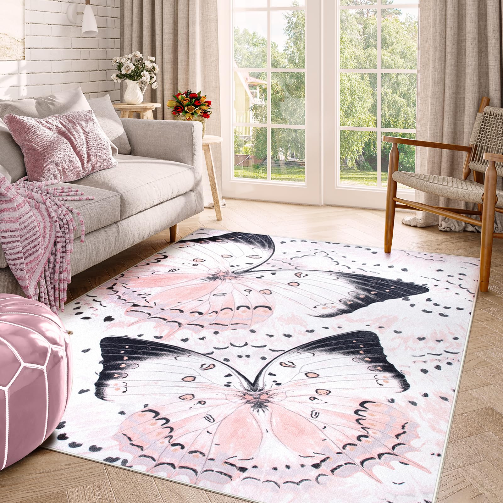 Butterfly Pink Rugs for Bedroom Girls, Washable 5x7 Area Rugs for Living Room Ultra-Thin Soft Nursery Rug, Modern Insect Print Non Slip Carpet Rug for Kids Girl Classroom Play Room Office