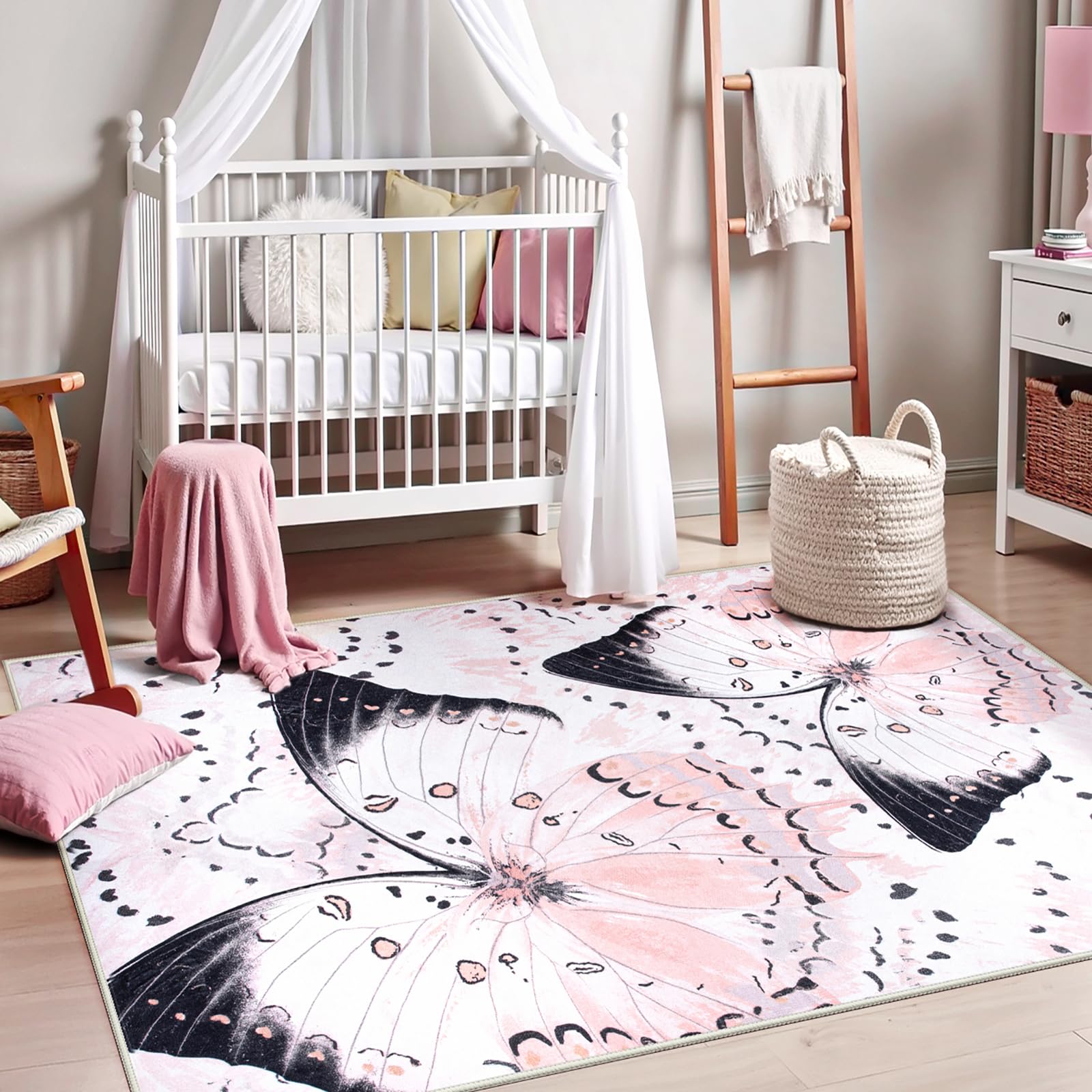 Butterfly Pink Rugs for Bedroom Girls, Washable 5x7 Area Rugs for Living Room Ultra-Thin Soft Nursery Rug, Modern Insect Print Non Slip Carpet Rug for Kids Girl Classroom Play Room Office