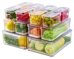 jollypack 14 pack fridge organizers, refrigerator organizer bins with lids, bpa free stackable fruit storage containers for fridge, vegetables, food and drinks