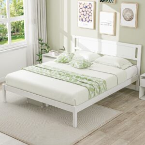 komfott full size wood platform bed frame with headboard, mid-century bed frame with wooden slats support & under bed storage space, no box spring required mattress foundation (white)