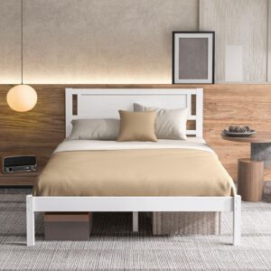 KOMFOTT Full Size Wood Platform Bed Frame with Headboard, Mid-Century Bed Frame with Wooden Slats Support & Under Bed Storage Space, No Box Spring Required Mattress Foundation (White)