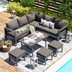 aecojoy aluminum patio furniture set, outdoor modern metal outdoor furniture sofa set, outdoor conversation table and chair sets for lawn, backyard, and deck with dark grey cushions