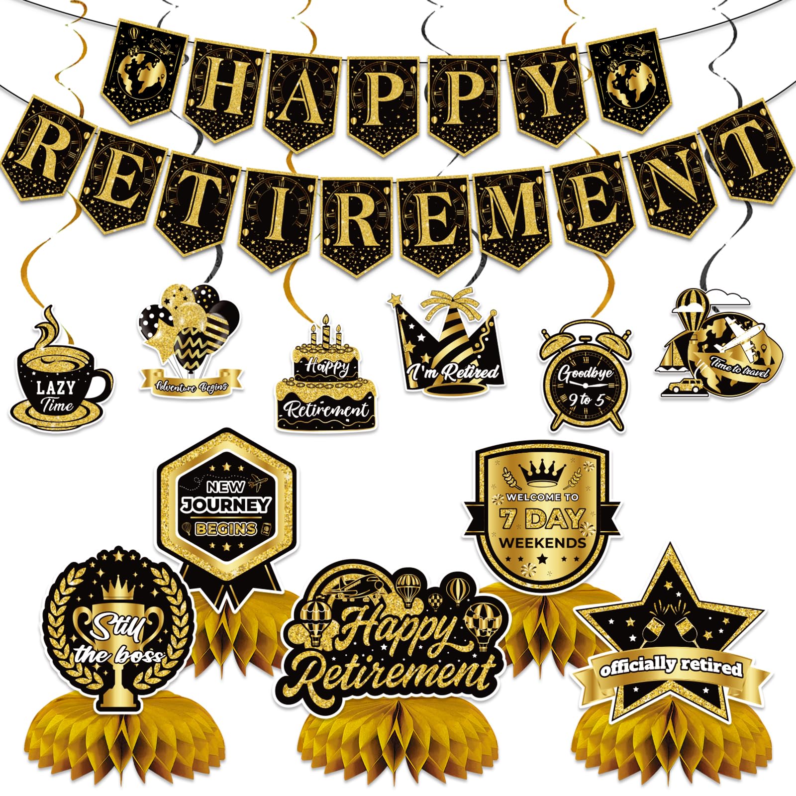 Zgrzoqjlw 12Pcs Retirement Party Decorations for Men Women Black Gold Happy Retirement Banner Honeycomb Centerpiece Swirls Party Supplies Retired Farewell Party Set Work Graduation Party Decorations