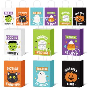 sweetude 30 pieces religious halloween paper gift bags halloween cat ghost mummy pumpkin tote bag christian halloween bag with handle halloween candy treat bags for halloween party vbs sunday school