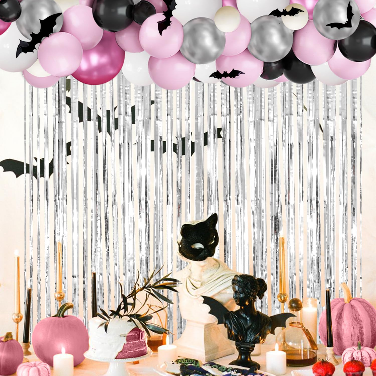 MEHOFOND Little Boo Halloween Party Decorations for Girls 200 Pcs, Pink and Silver Balloon Garland Arch Kit with Foil Curtain for Halloween Birthday Baby Shower Party Decor