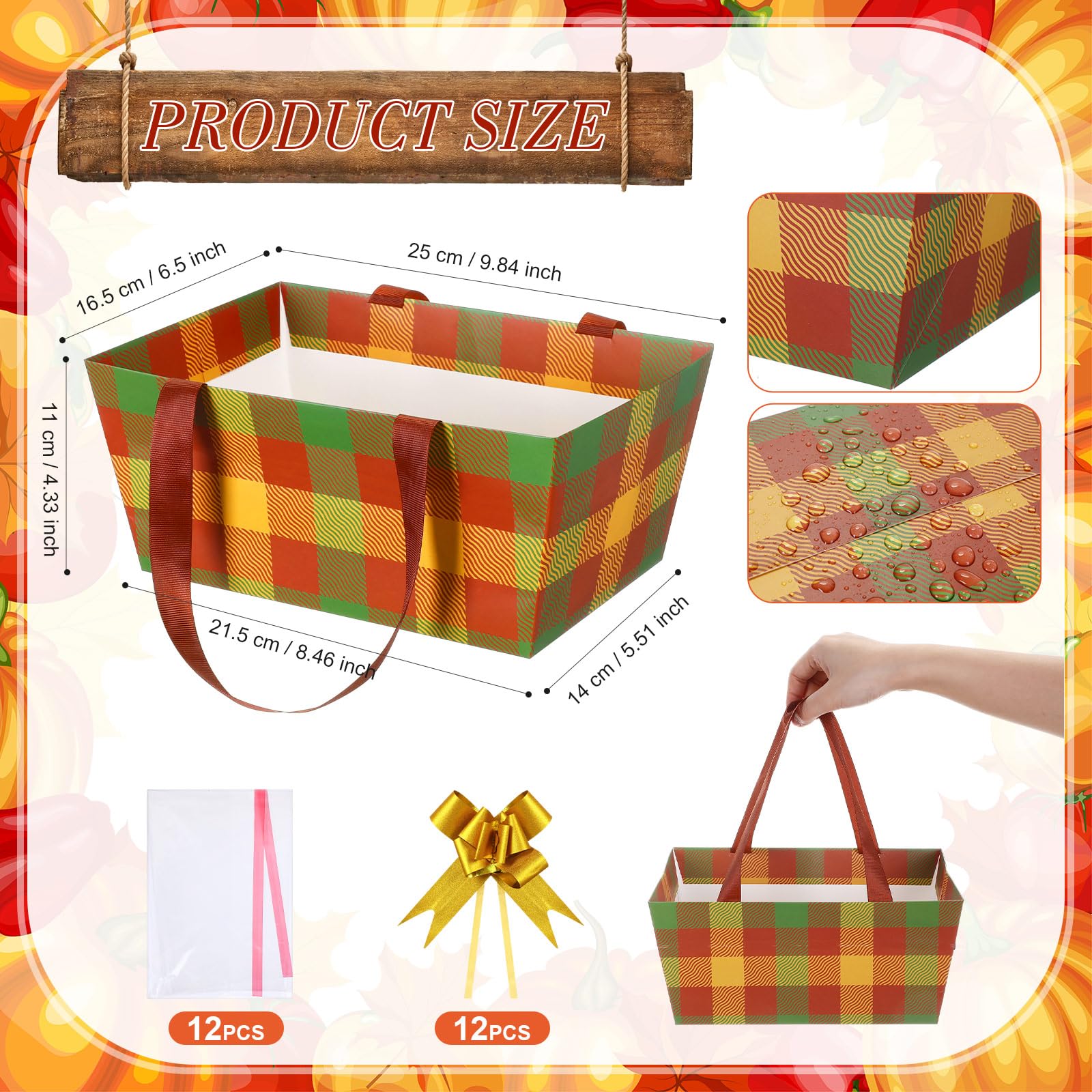 Qinyoung 12 Pcs Fall Basket for Gifts Empty 9.8 x 6.5'' Autumn Plaid Gift Basket Empty to Fill with Handles, Bows, Plastic Bags and Twist Ties for Autumn Thanksgiving Party Favor Supplies