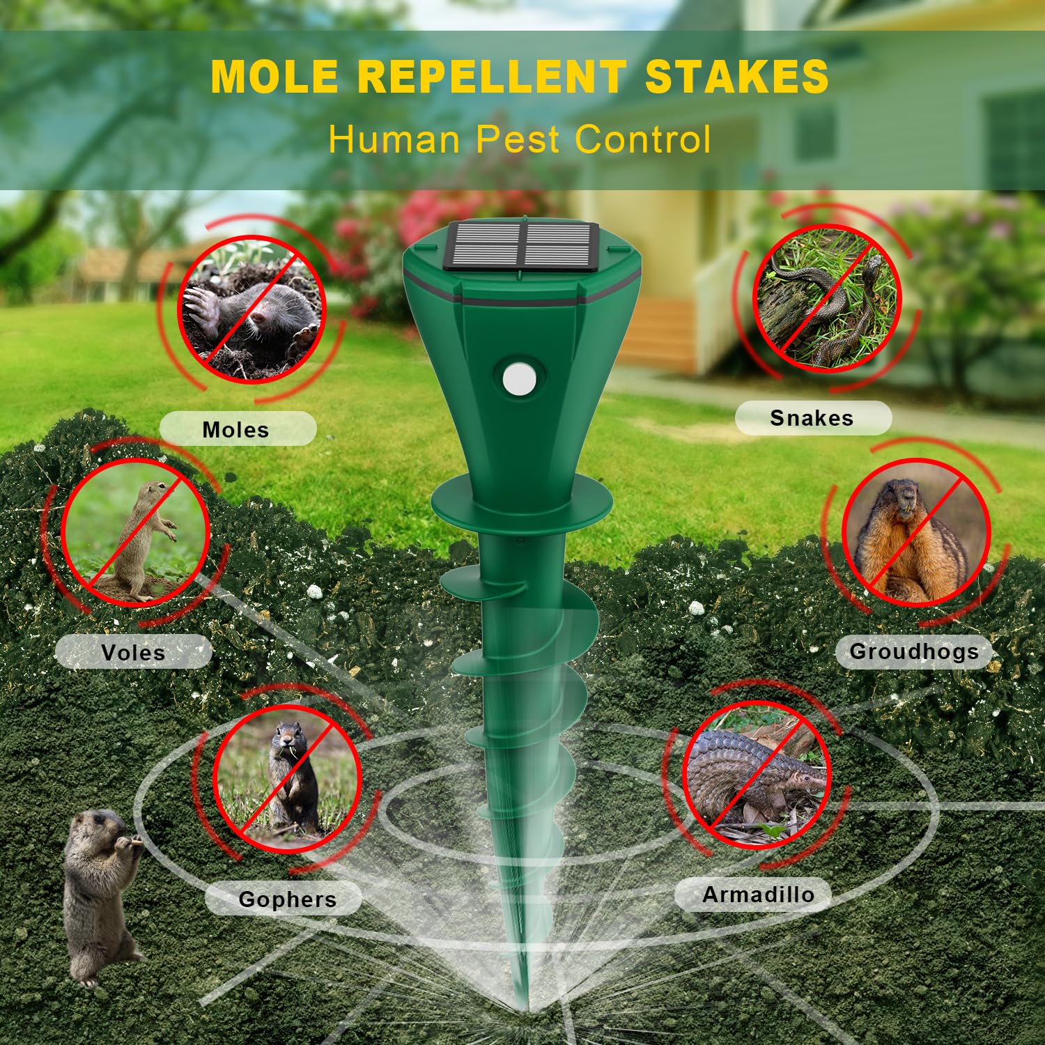 Solar Powered Mole Repellent for Lawns 4 Pack, IP65 Waterproof Mole Trap Gopher Repellent, Noiseless Design Vibration Stakes, Repel Outdoor Groundhogs Snakes Gophers Moles Voles Armadillo