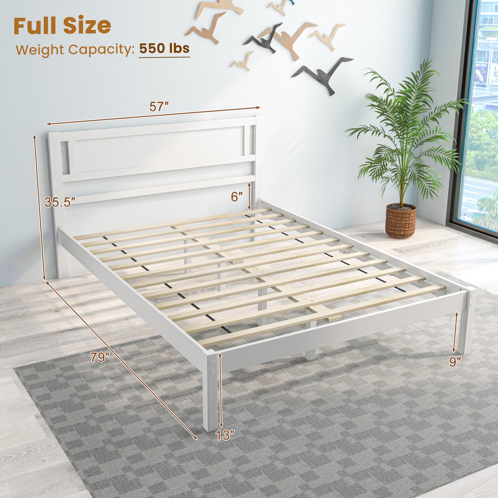 KOMFOTT Full Size Wood Platform Bed Frame with Headboard, Mid-Century Bed Frame with Wooden Slats Support & Under Bed Storage Space, No Box Spring Required Mattress Foundation (White)