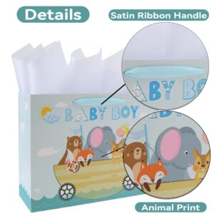 13" Large Baby Blue Gift Bag Set with Greeting Card and Tissue Paper (Animals and ‘Baby Boy’) for Baby Boy, Baby Shower, Boys' Birthday Party - 13”x5.2”x10.2”, 1 Pcs.