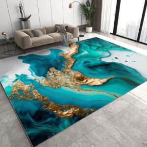 xuweisi teal marble area rug, turquoise light luxury washable rug 5x7ft, gold stamping art ink painting contemporary accent throw rug for living room bedroom green bathroom rug