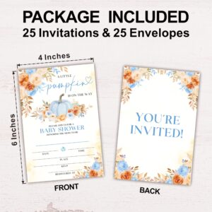 Hsupl 25 Set Double Print Baby Shower Invitation Cards(4"x6")-A Little Pumpkin Is On The Way Autumn Card-Floral Watercolor Blue Pumpkin Invitation Card With Envelope-Baby Gender Announcement-A07