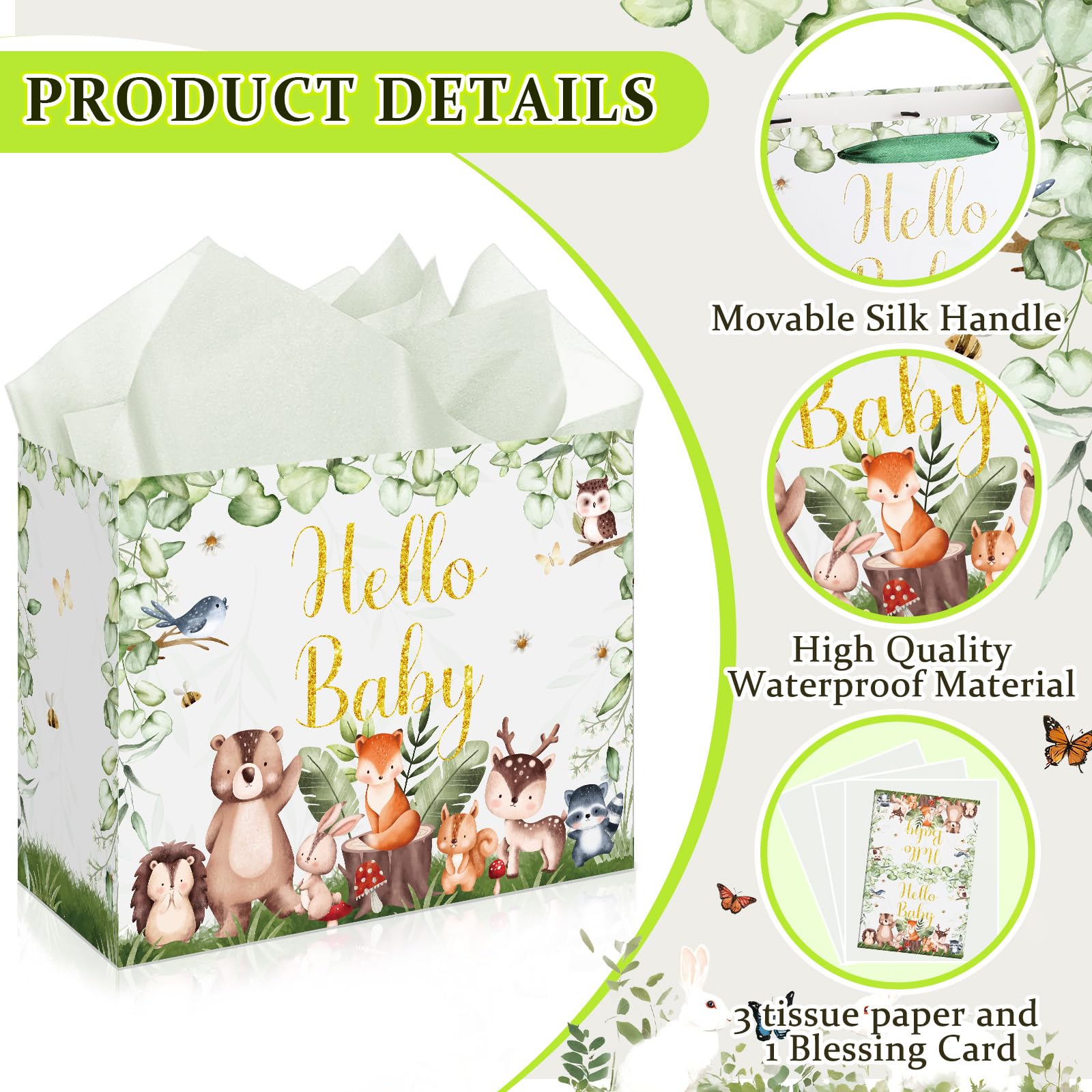 Baby Shower Paper Bag Hello Baby Large Gift Bag Woodland Animals Sage Green Baby Girl Boy Wrapping Paper with Tissue Paper Card for Baby Shower Birthday Gender Reveal Party Favors Decorations Supplies