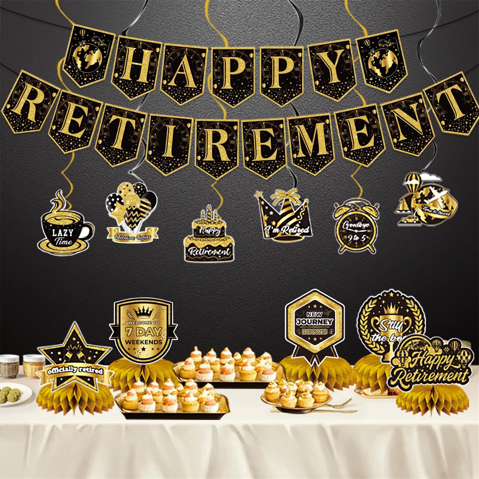 Zgrzoqjlw 12Pcs Retirement Party Decorations for Men Women Black Gold Happy Retirement Banner Honeycomb Centerpiece Swirls Party Supplies Retired Farewell Party Set Work Graduation Party Decorations