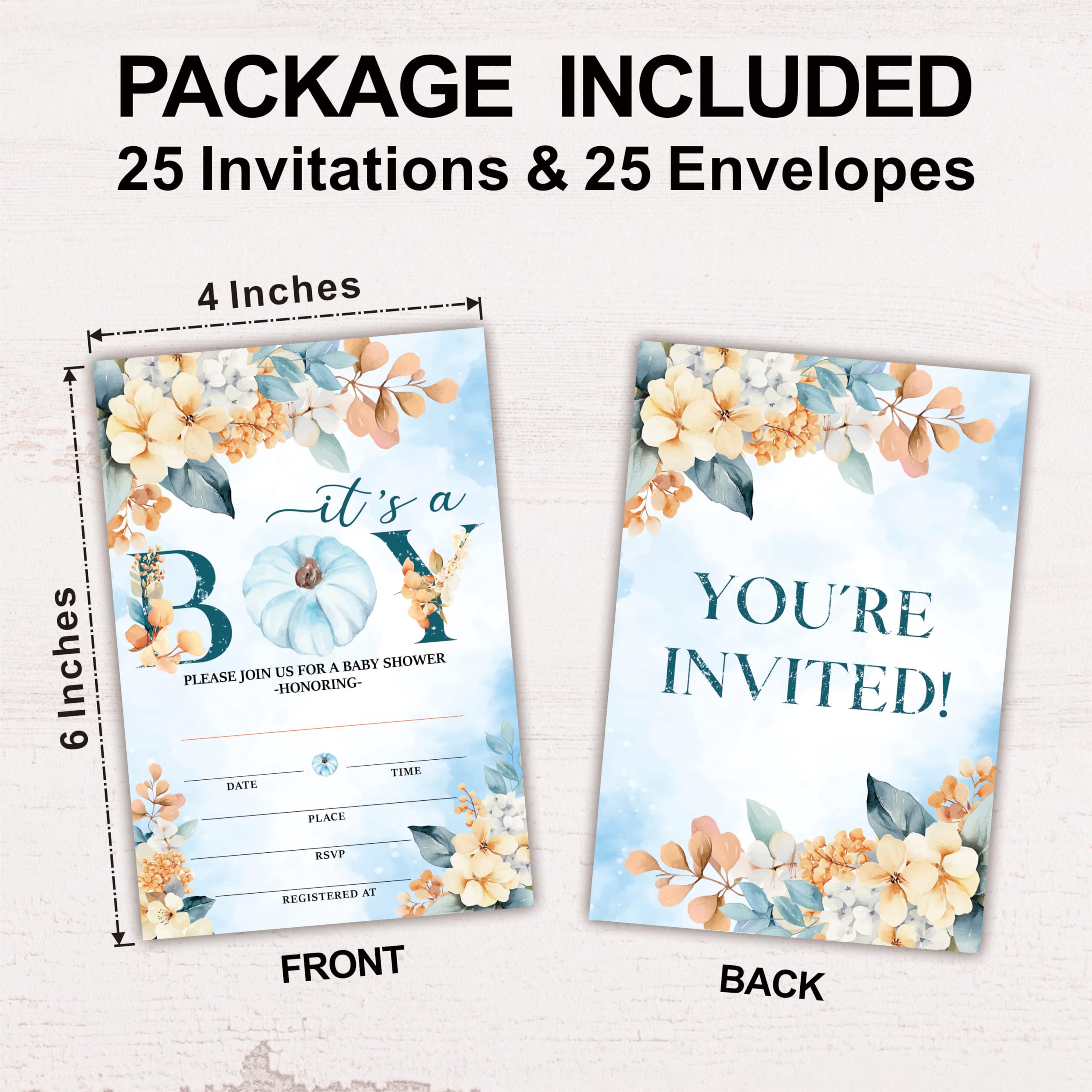 Hsupl 25 Set Double Print Baby Shower Invitation Cards(4"x6")-It's A Boy Autumn Card-Floral Watercolor Blue Pumpkin Invitation Card With Envelope-Baby Gender Announcement-A04