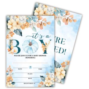 hsupl 25 set double print baby shower invitation cards(4"x6")-it's a boy autumn card-floral watercolor blue pumpkin invitation card with envelope-baby gender announcement-a04