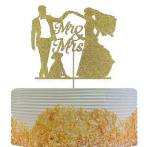 oixcmnjq mr & mrs cake topper, wedding anniversary, bridal shower, engagement, bride and groom hold hands with pet dog silhouette cake decorations supplies, gold glitter