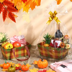 Qinyoung 12 Pcs Fall Basket for Gifts Empty 9.8 x 6.5'' Autumn Plaid Gift Basket Empty to Fill with Handles, Bows, Plastic Bags and Twist Ties for Autumn Thanksgiving Party Favor Supplies