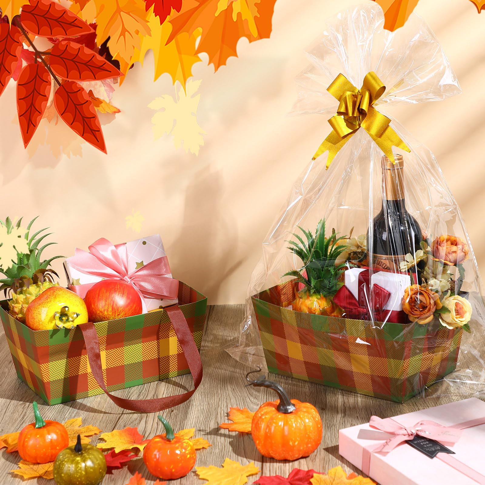 Qinyoung 12 Pcs Fall Basket for Gifts Empty 9.8 x 6.5'' Autumn Plaid Gift Basket Empty to Fill with Handles, Bows, Plastic Bags and Twist Ties for Autumn Thanksgiving Party Favor Supplies