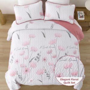 Dinjoy King Size Quilt Set Floral,3 Piece Pink/Blush Farmhouse Bedding Set Lightweight Flower Bedspreads White Coverlet Bed Sets Boho King Quilts for Girls All Season(90"x104")