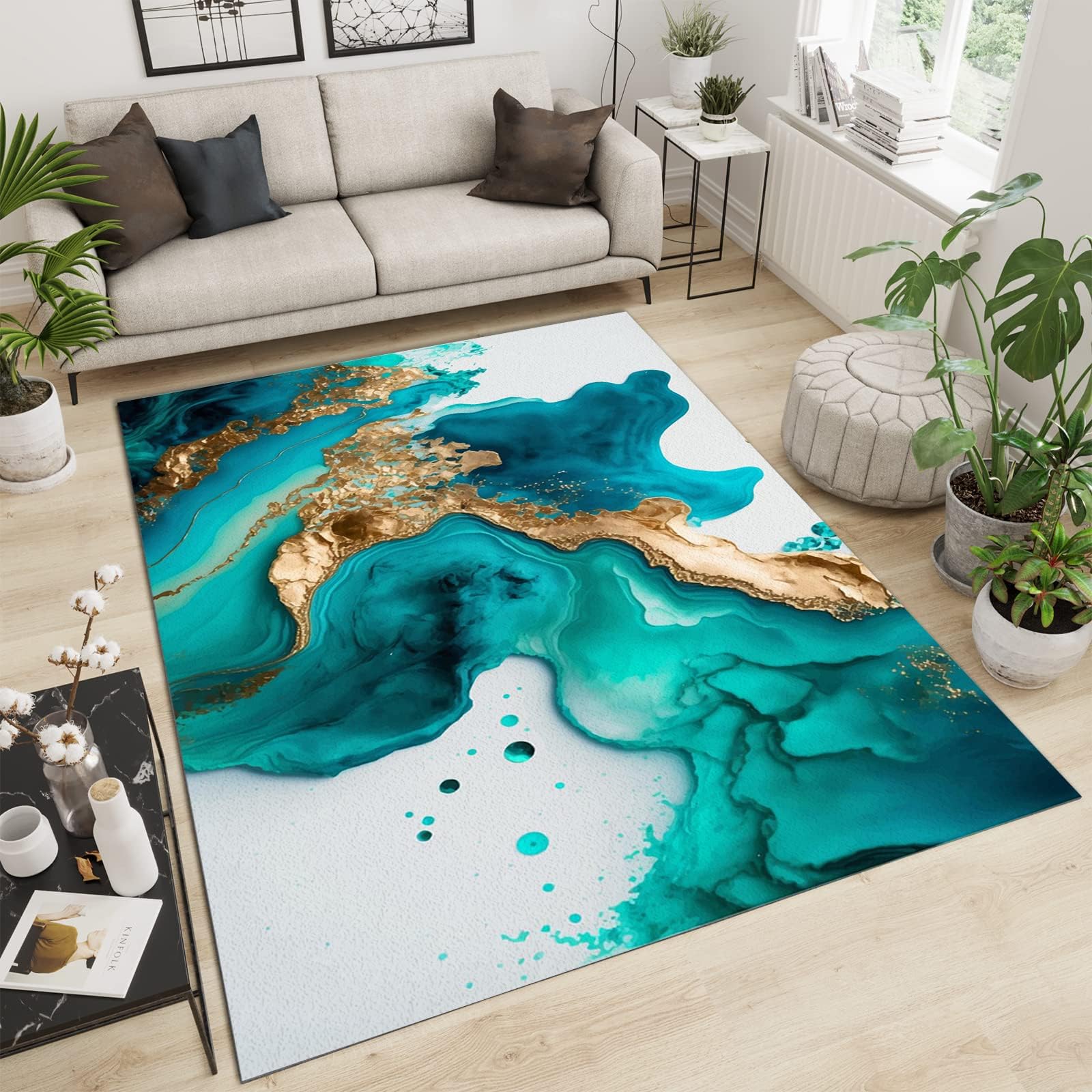 XUWEISI Teal Marble Area Rug, Turquoise Light Luxury Washable Rug 5x7ft, Gold Stamping Art Ink Painting Contemporary Accent Throw Rug for Living Room Bedroom Green Bathroom Rug