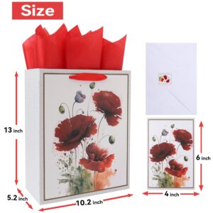 Qirrmiy 13” Large White Gift Bag Set with Greeting Card and Tissue Paper (Watercolor Red Flowers) for Celebrating Birthdays, Weddings, Anniversaries, Mother's Day - 10.2”x5.2”x13”, 1 Pcs.