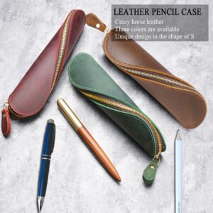 PTGMH Leather Pencil Case Crazy Horse Leather Zipper Pencil Pouch S Shape Pen Holder and Organizer Pencil Bag Leather Pen Case for Office