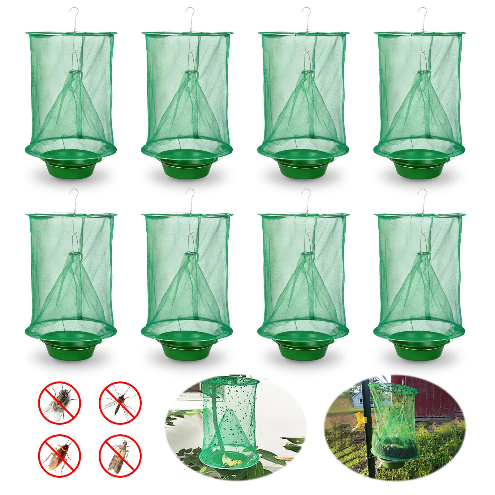 Dwcom 8 Pack Fly Traps Outdoor, Ranch Fly Traps Fly Catcher Cage for Indoor or Outdoor Family Farms, Park, Restaurants