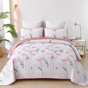 dinjoy king size quilt set floral,3 piece pink/blush farmhouse bedding set lightweight flower bedspreads white coverlet bed sets boho king quilts for girls all season(90"x104")