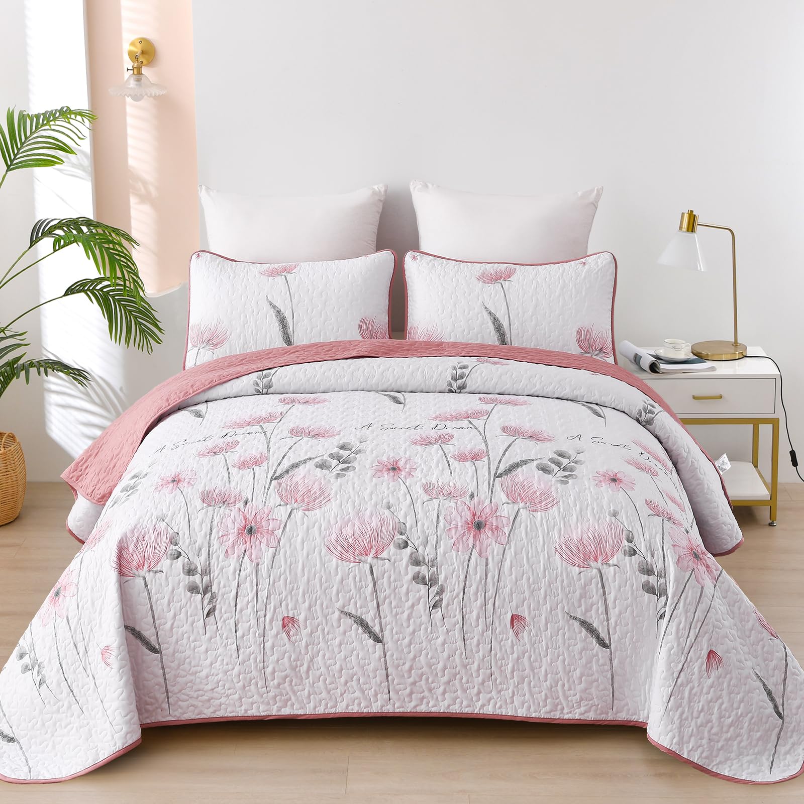 Dinjoy King Size Quilt Set Floral,3 Piece Pink/Blush Farmhouse Bedding Set Lightweight Flower Bedspreads White Coverlet Bed Sets Boho King Quilts for Girls All Season(90"x104")