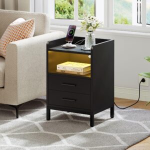 YITAHOME Nightstand with Charging Station and LED Lights, End Side Table with 2 Drawers, Modern Bedside Table for Bedroom with USB Ports and Outlets, Open Storage, Black